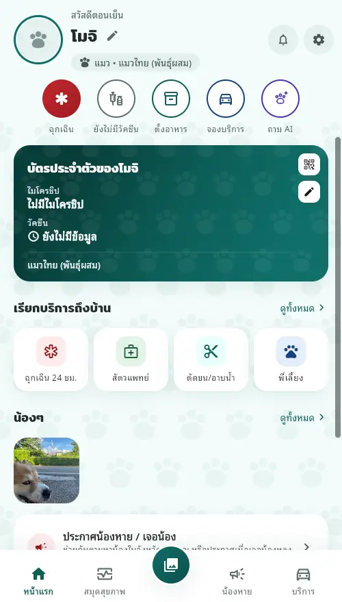 หน้าแรกหลังเพิ่มน้องตัวแรก มีชื่อน้อง ปุ่มลัด และบัตรประจำตัวของน้อง